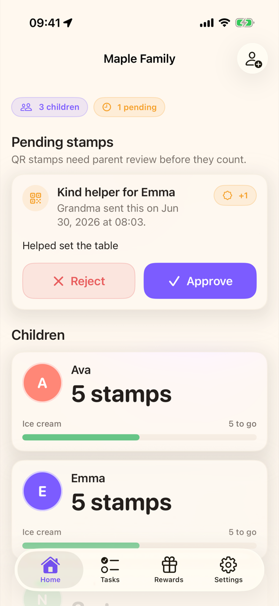 StampJar Home screen with pending QR stamp approval and child stamp balances