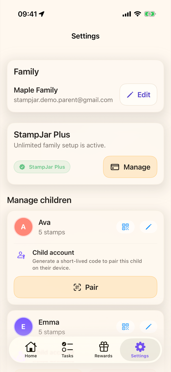Settings screen showing StampJar Plus and family management