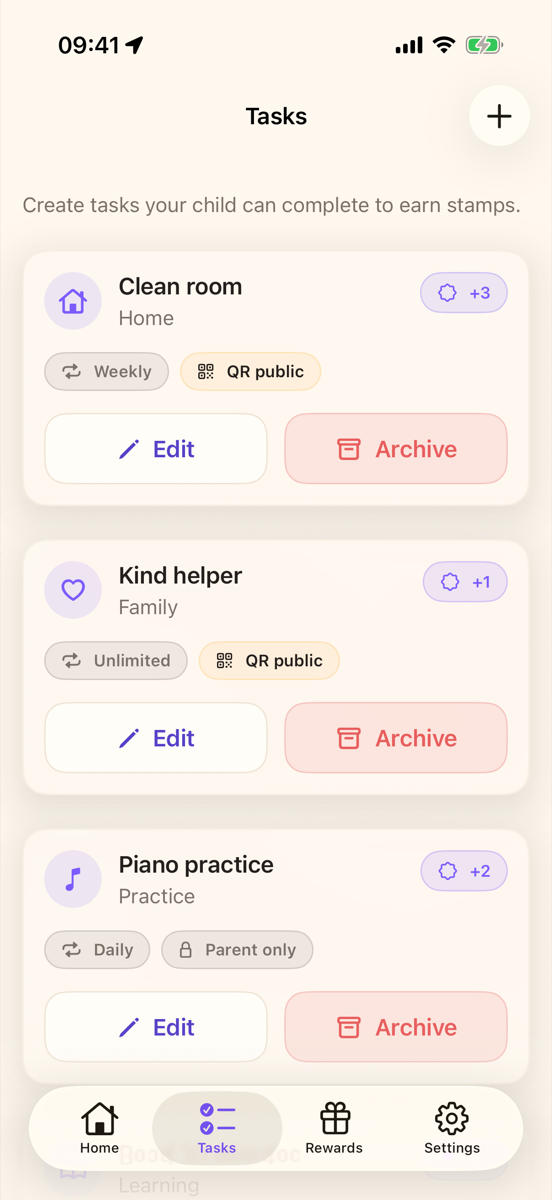 Tasks screen showing chores, homework, practice, and stamp values